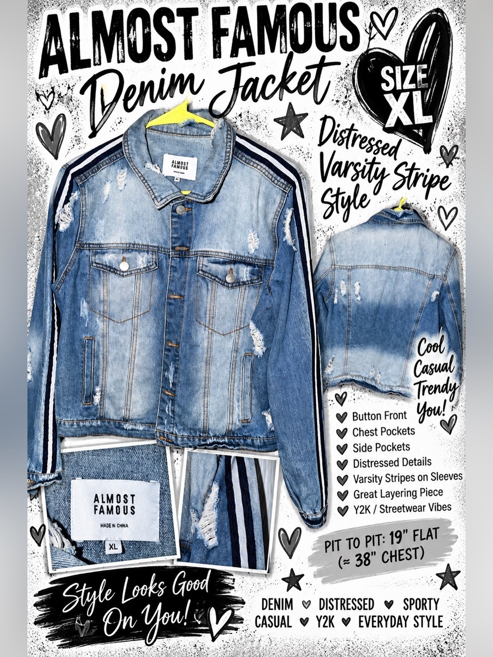 Almost Famous XL Distressed Denim Jean Jacket Varsity Stripe Y2K